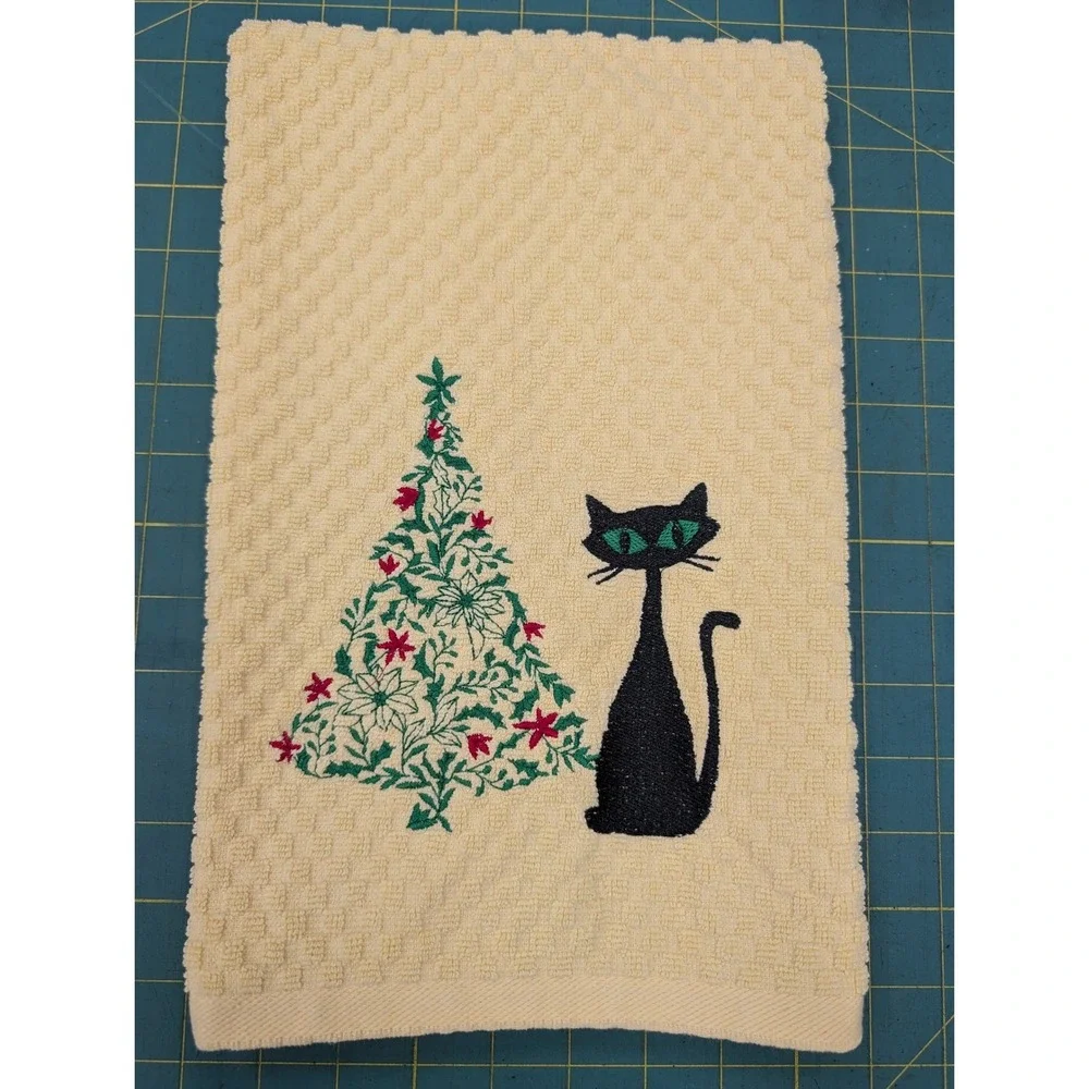 Christmas Tree Retro Mid Mod Cat Mid Century Modern Atomic Kitchen Hand Towel